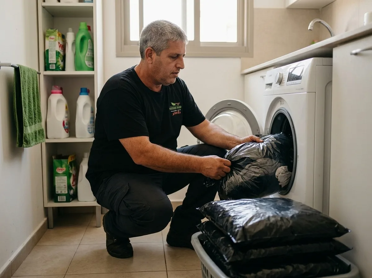 צילום סצנה אמיתית של בגדים ומצעים בתוך שקיות שחורות אטומות ליד מכונת כביסה בבית פרטי