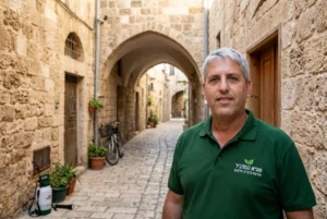 תמונה של סמטה ציורית בעכו העתיקה, עם מסר שיווקי ברור לגבי שירותי הדברה מקצועיים בעיר.