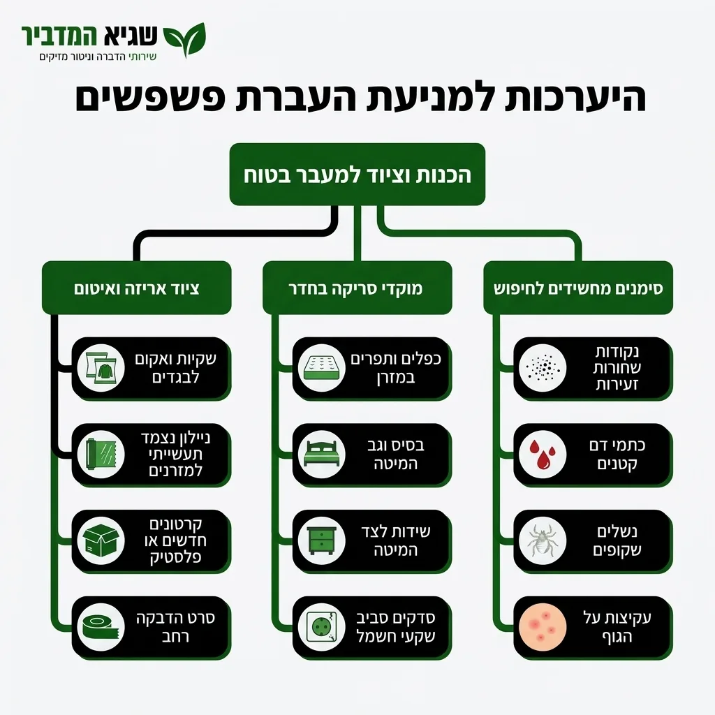 אינפוגרפיקה — היערכות למניעת העברת פשפשים: הכנות וציוד למעבר בטוח