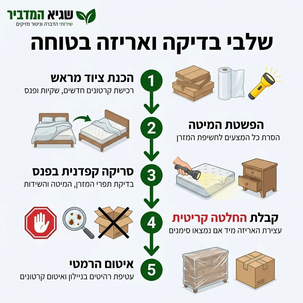 אינפוגרפיקה — שלבי בדיקה ואריזה בטוחה: הכנת ציוד מראש, הפשטת המיטה, סריקה קפדנית בפנס, קבלת החלטה קריטית, איטום הרמטי